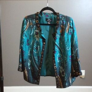 L Trenz by Theresa Renz Elegant Teal Paisley Open Jacket